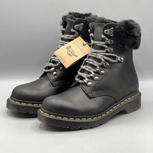 Doc Martens Women's 5 Black Leather Boots Faux Fur Lined WarmWair Serena Dr